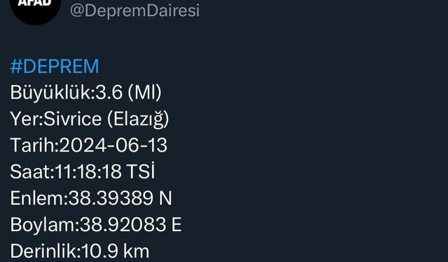 Elazığ’da 3.6 büyüklüğünde deprem